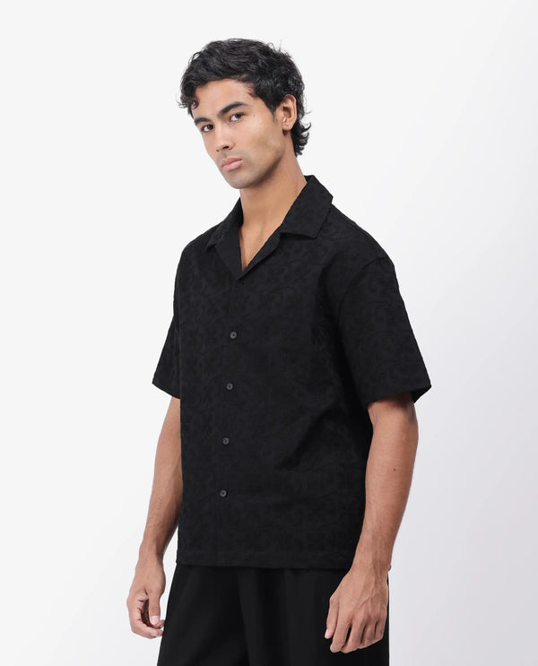 Rare Rabbit Men's Crof Black Cotton Fabric Short Sleeve Collared Neck Button Closure Embroidered Shirt