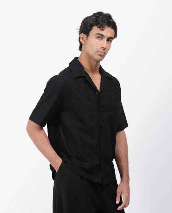 Rare Rabbit Men's Crof Black Cotton Fabric Short Sleeve Collared Neck Button Closure Embroidered Shirt