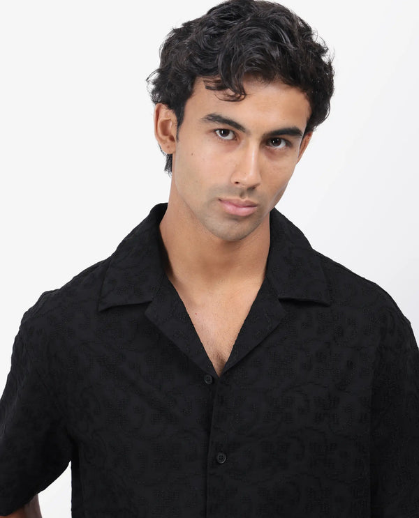 Rare Rabbit Men's Crof Black Cotton Fabric Short Sleeve Collared Neck Button Closure Embroidered Shirt