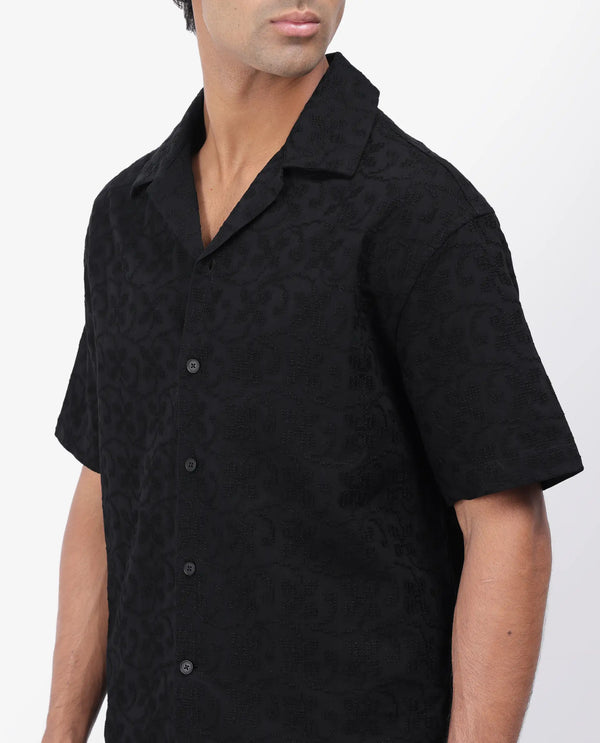 Rare Rabbit Men's Crof Black Cotton Fabric Short Sleeve Collared Neck Button Closure Embroidered Shirt
