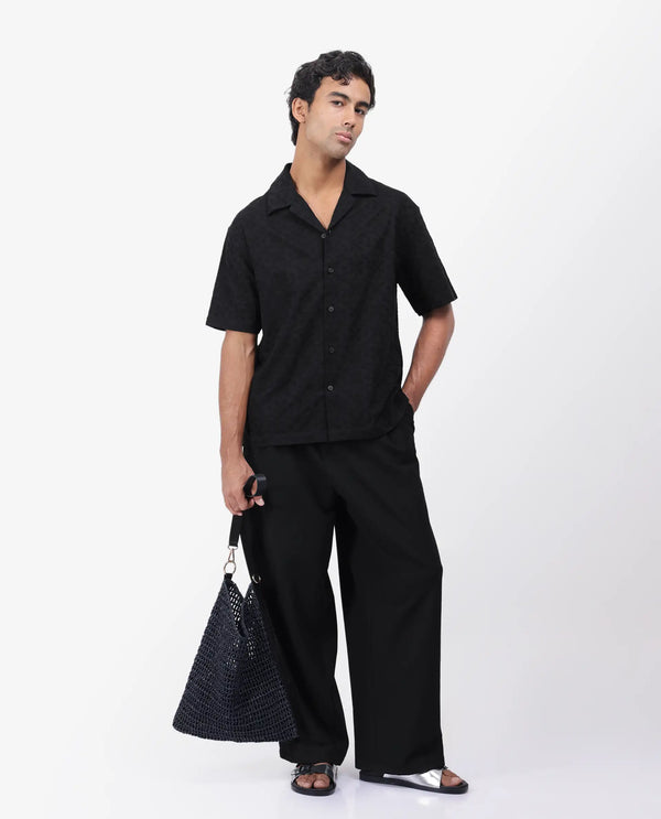 Rare Rabbit Men's Crof Black Cotton Fabric Short Sleeve Collared Neck Button Closure Embroidered Shirt