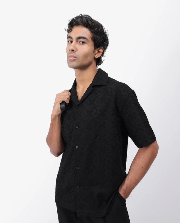 Rare Rabbit Men's Crof Black Cotton Fabric Short Sleeve Collared Neck Button Closure Embroidered Shirt