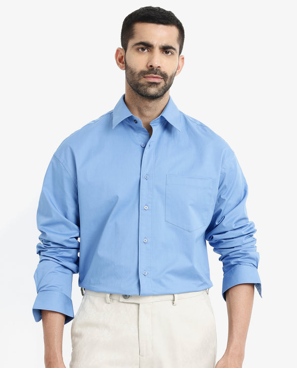Rare Rabbit Men's Crofty Light Blue Cotton Lycra Fabric Full Sleeves Collared Neck Regular Fit Plain Shirt