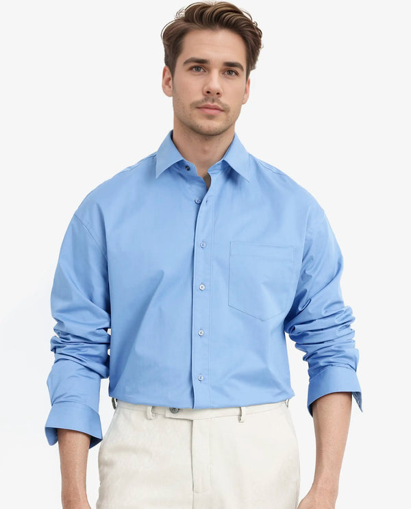 Rare Rabbit Men's Crofty Light Blue Cotton Lycra Fabric Full Sleeves Collared Neck Regular Fit Plain Shirt