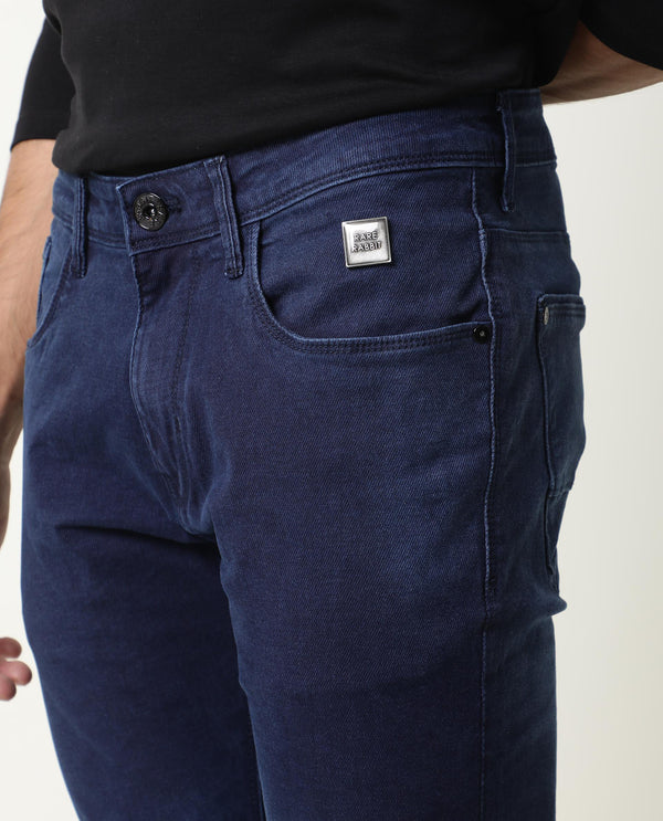 Rare Rabbit Men's Repp Blue Pant Cotton Elastane Fabric Slim Fit Button & Zip Closure Jeans