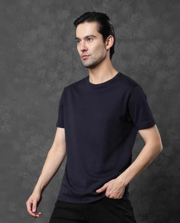 Rare Rabbit Men's Gis Navy Cotton Fabric Crew Neck Half Sleeves Regular Fit Solid T-Shirt