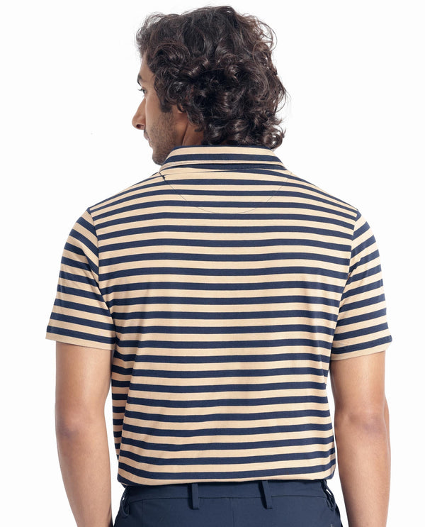 Rare Rabbit Men's Crossingss Navy Cotton Fabric Collared Neck Half Sleeves Striped Polo T-Shirt