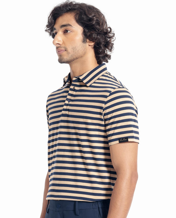Rare Rabbit Men's Crossingss Navy Cotton Fabric Collared Neck Half Sleeves Striped Polo T-Shirt