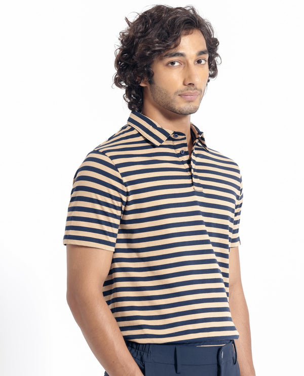 Rare Rabbit Men's Crossingss Navy Cotton Fabric Collared Neck Half Sleeves Striped Polo T-Shirt