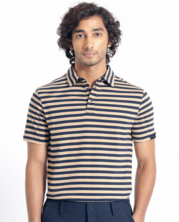 Rare Rabbit Men's Crossingss Navy Cotton Fabric Collared Neck Half Sleeves Striped Polo T-Shirt