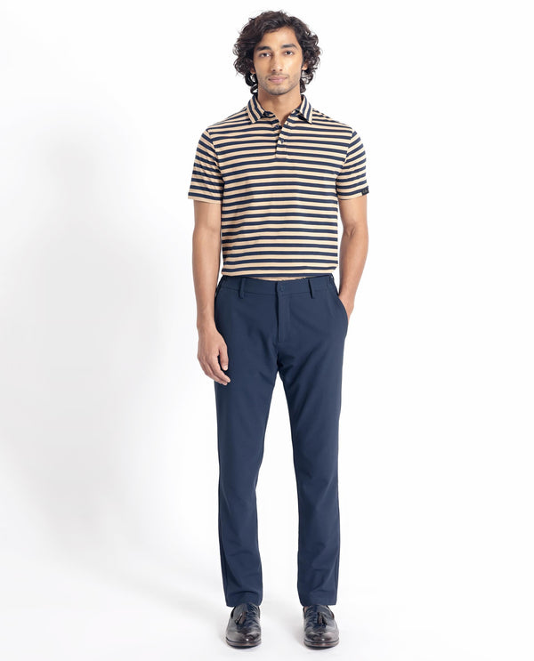 Rare Rabbit Men's Crossingss Navy Cotton Fabric Collared Neck Half Sleeves Striped Polo T-Shirt