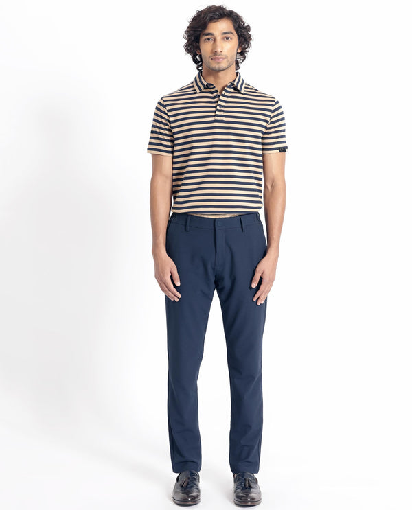Rare Rabbit Men's Crossingss Navy Cotton Fabric Collared Neck Half Sleeves Striped Polo T-Shirt