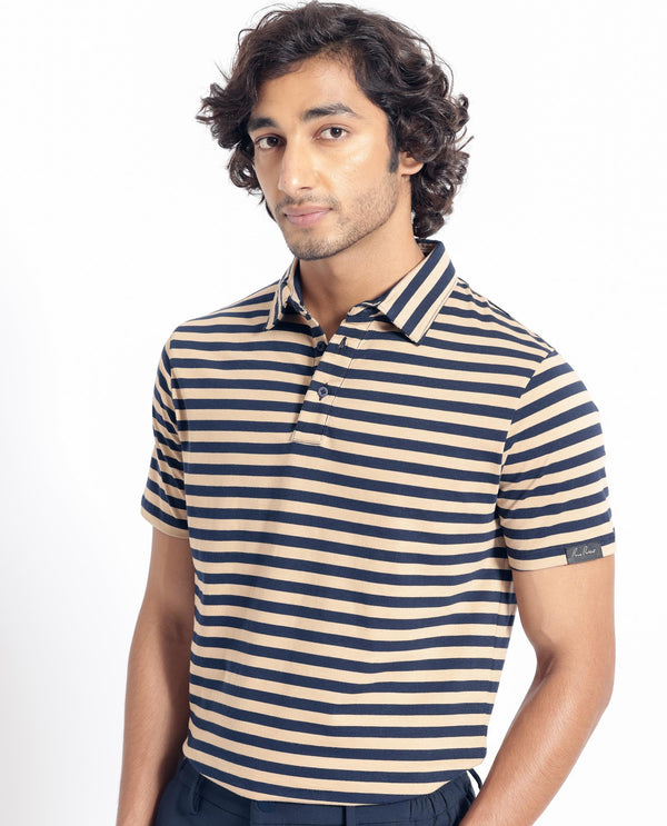 Rare Rabbit Men's Crossingss Navy Cotton Fabric Collared Neck Half Sleeves Striped Polo T-Shirt