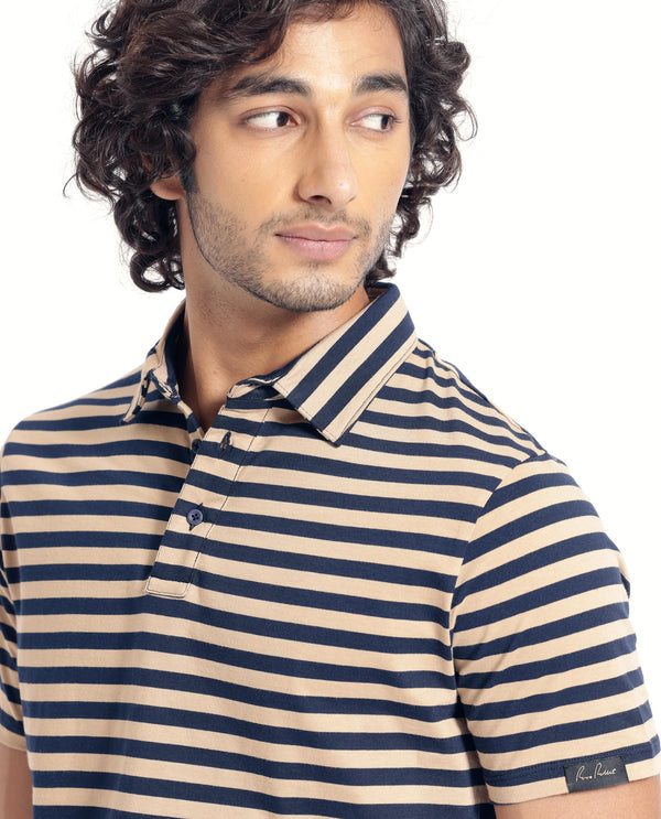 Rare Rabbit Men's Crossingss Navy Cotton Fabric Collared Neck Half Sleeves Striped Polo T-Shirt