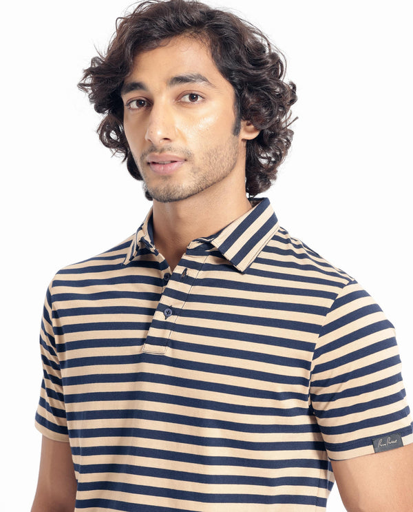 Rare Rabbit Men's Crossingss Navy Cotton Fabric Collared Neck Half Sleeves Striped Polo T-Shirt