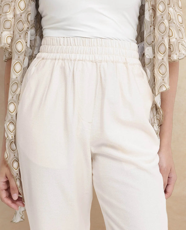 Rareism Women Chant-B Beige Polyester Fabric Zipper Closure Plain Trousers