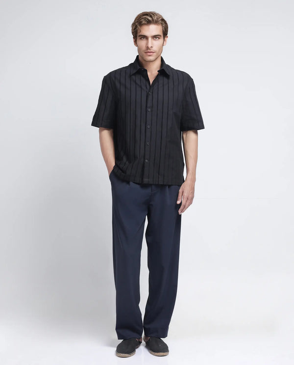 Rare Rabbit Men's Croy SS Black Cotton Fabric Short Sleeve Collared Neck Button Closure Stripe Shirt