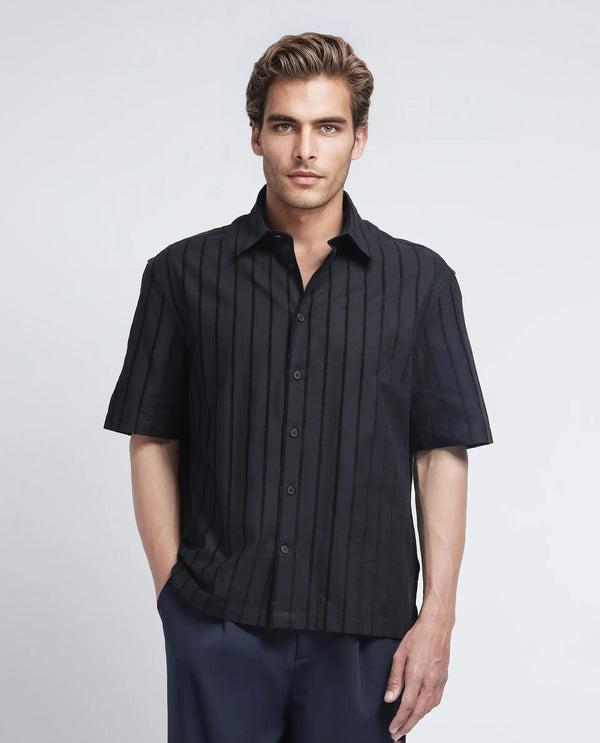 Rare Rabbit Men's Croy SS Black Cotton Fabric Short Sleeve Collared Neck Button Closure Stripe Shirt