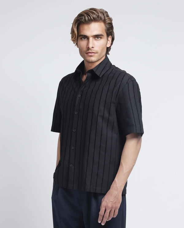 Rare Rabbit Men's Croy SS Black Cotton Fabric Short Sleeve Collared Neck Button Closure Stripe Shirt