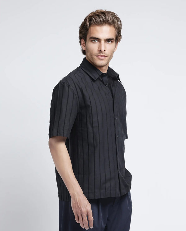 Rare Rabbit Men's Croy SS Black Cotton Fabric Short Sleeve Collared Neck Button Closure Stripe Shirt