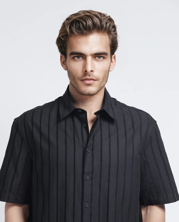 Rare Rabbit Men's Croy SS Black Cotton Fabric Short Sleeve Collared Neck Button Closure Stripe Shirt