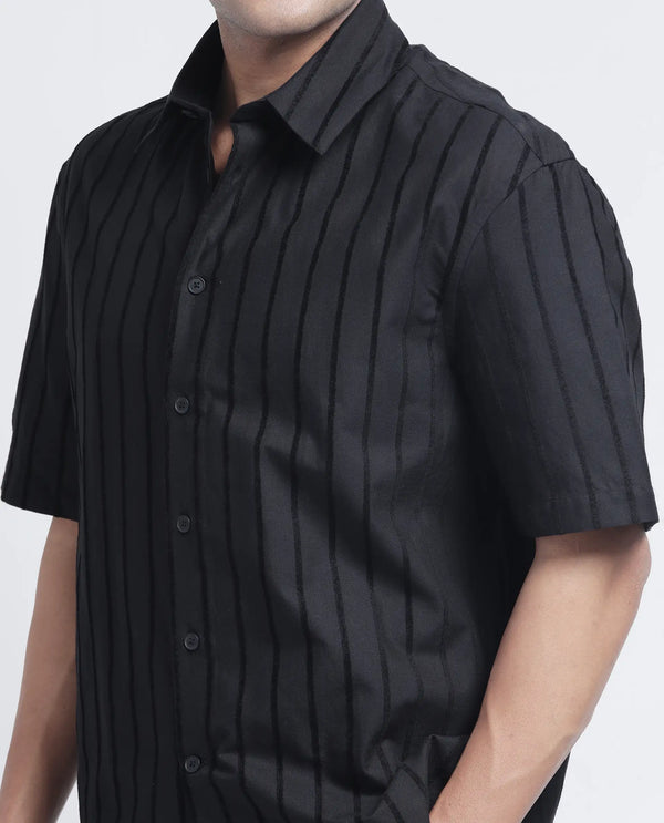 Rare Rabbit Men's Croy SS Black Cotton Fabric Short Sleeve Collared Neck Button Closure Stripe Shirt