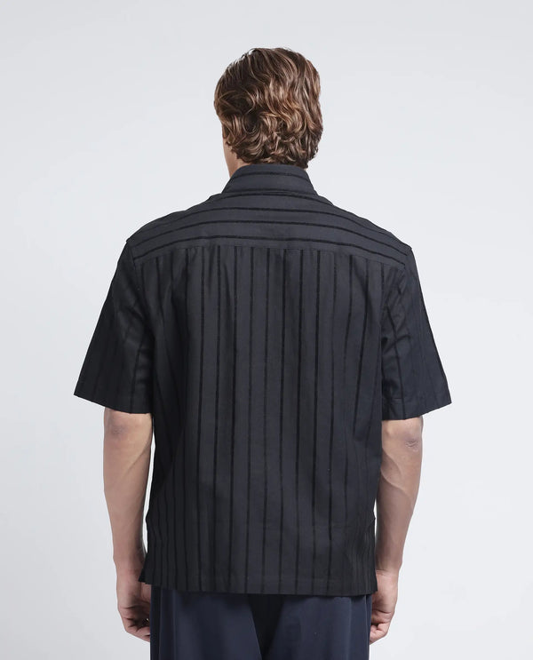 Rare Rabbit Men's Croy SS Black Cotton Fabric Short Sleeve Collared Neck Button Closure Stripe Shirt