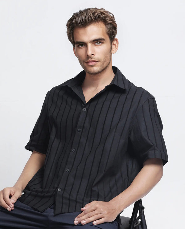 Rare Rabbit Men's Croy SS Black Cotton Fabric Short Sleeve Collared Neck Button Closure Stripe Shirt