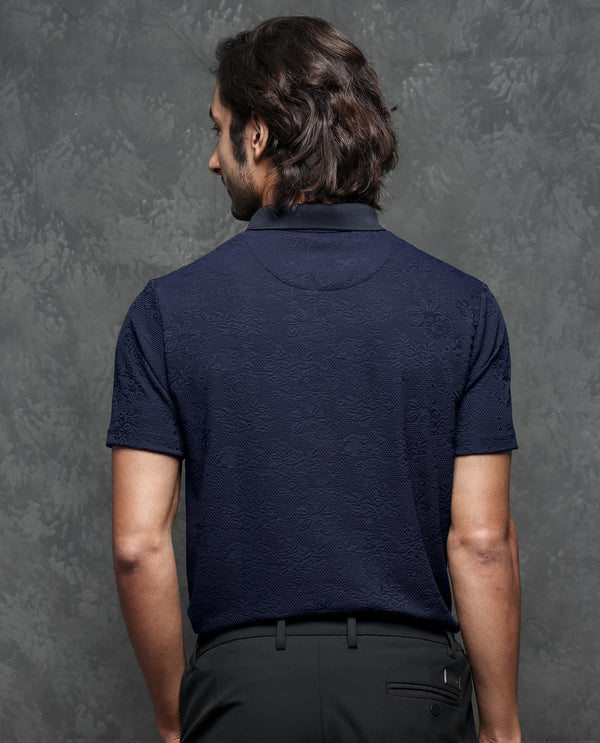 Rare Rabbit Men's Criuse Navy Polyester Fabric Collared Neck Half Sleeve Floral Jacquard Polo T-Shirt