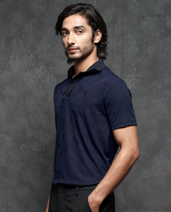 Rare Rabbit Men's Criuse Navy Polyester Fabric Collared Neck Half Sleeve Floral Jacquard Polo T-Shirt