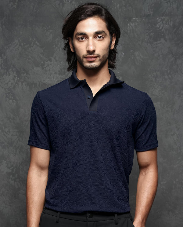 Rare Rabbit Men's Criuse Navy Polyester Fabric Collared Neck Half Sleeve Floral Jacquard Polo T-Shirt