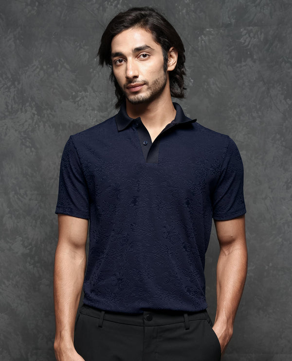 Rare Rabbit Men's Criuse Navy Polyester Fabric Collared Neck Half Sleeve Floral Jacquard Polo T-Shirt