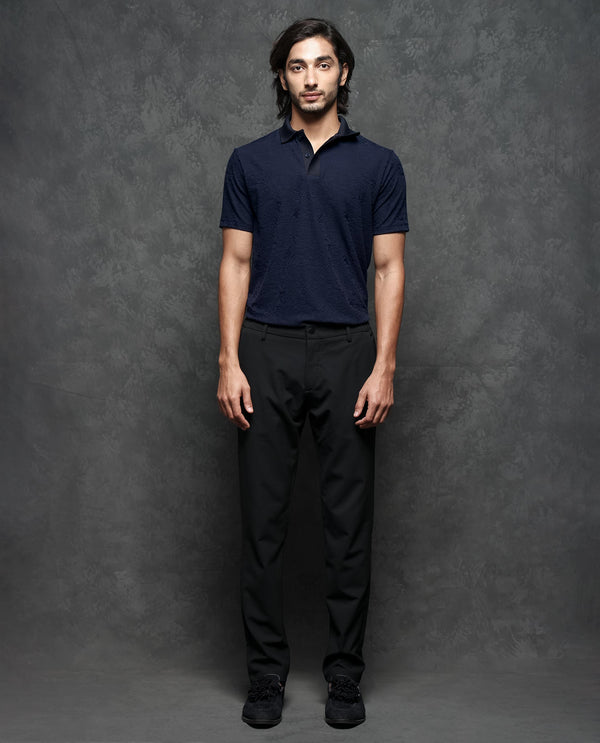 Rare Rabbit Men's Criuse Navy Polyester Fabric Collared Neck Half Sleeve Floral Jacquard Polo T-Shirt