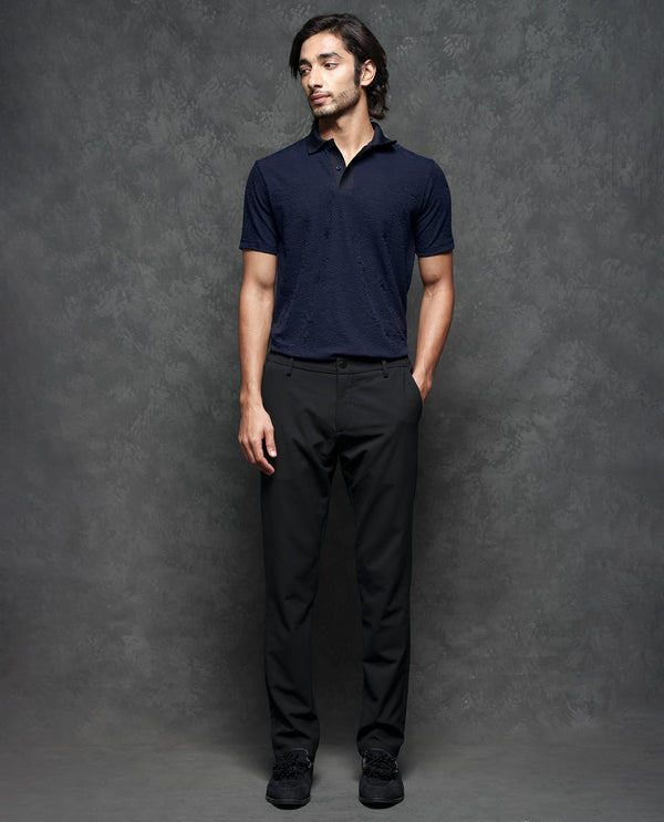 Rare Rabbit Men's Criuse Navy Polyester Fabric Collared Neck Half Sleeve Floral Jacquard Polo T-Shirt