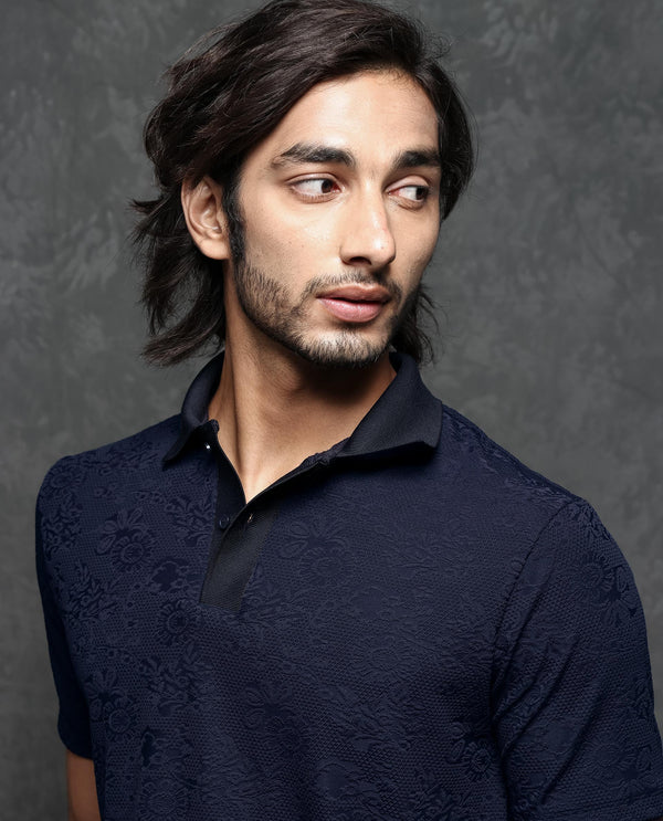 Rare Rabbit Men's Criuse Navy Polyester Fabric Collared Neck Half Sleeve Floral Jacquard Polo T-Shirt