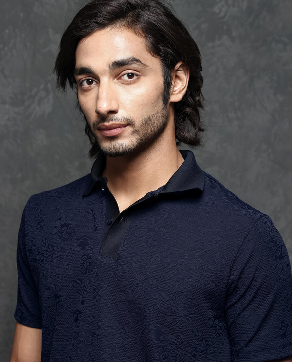 Rare Rabbit Men's Criuse Navy Polyester Fabric Collared Neck Half Sleeve Floral Jacquard Polo T-Shirt