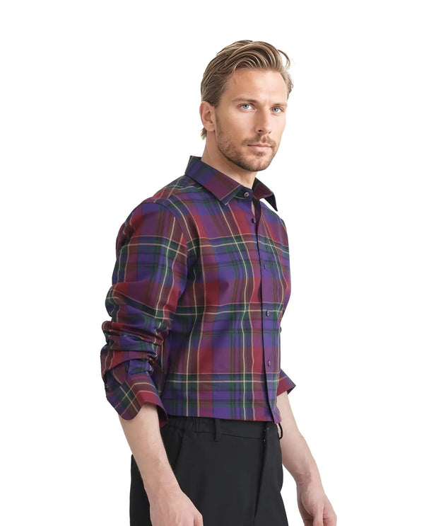 Rare Rabbit Men Cruner Dark Purple Cotton Fabric Full Sleeve Regular Collared Regular Fit Check Shirt