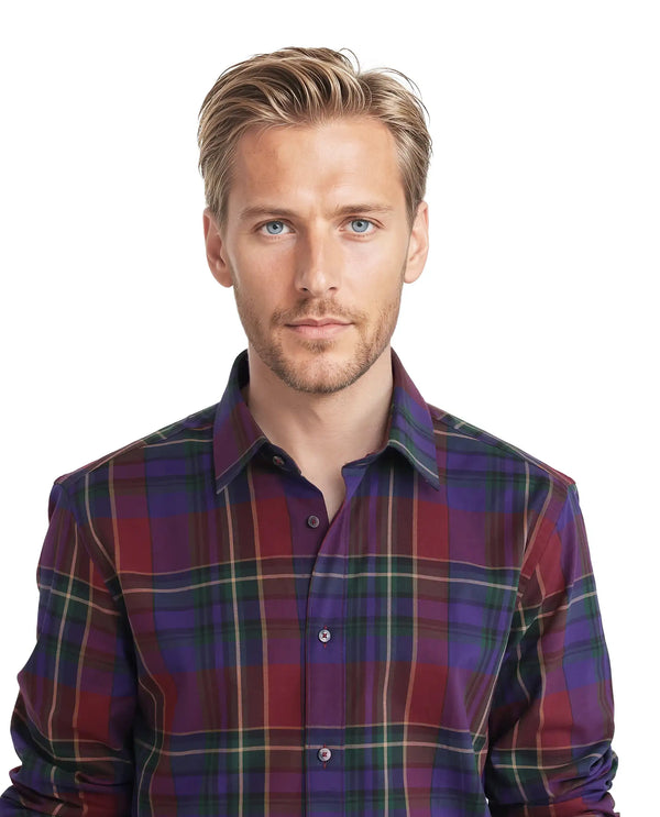 Rare Rabbit Men Cruner Dark Purple Cotton Fabric Full Sleeve Regular Collared Regular Fit Check Shirt