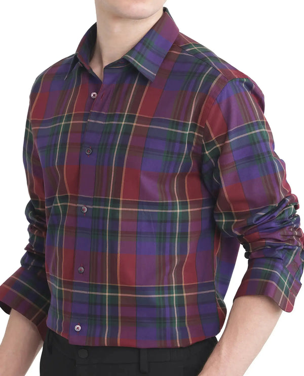 Rare Rabbit Men Cruner Dark Purple Cotton Fabric Full Sleeve Regular Collared Regular Fit Check Shirt