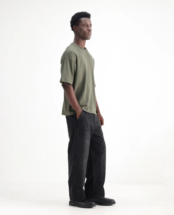 Rare Rabbit Men's Cruz Black Cotton Fabric Baggy Fit Plain Jeans