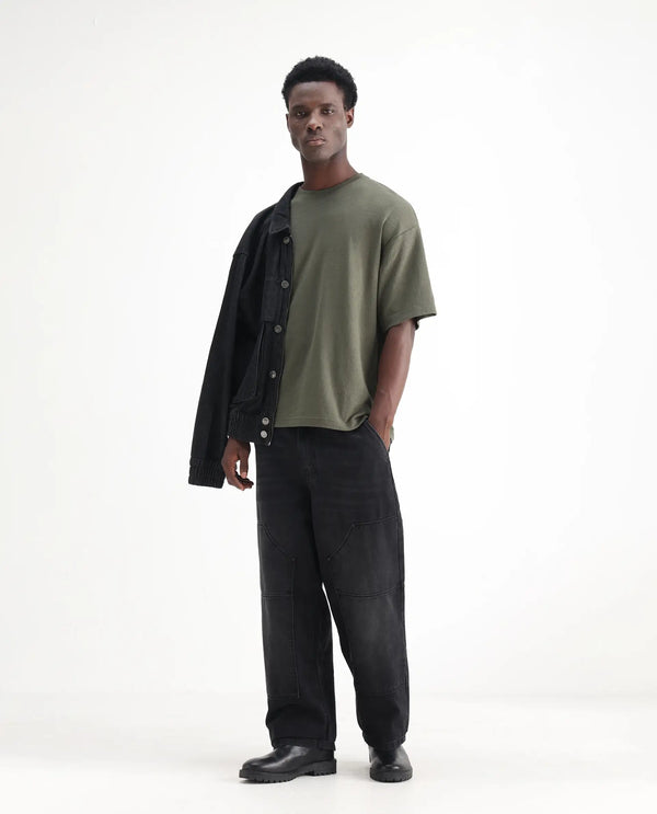 Rare Rabbit Men's Cruz Black Cotton Fabric Baggy Fit Plain Jeans