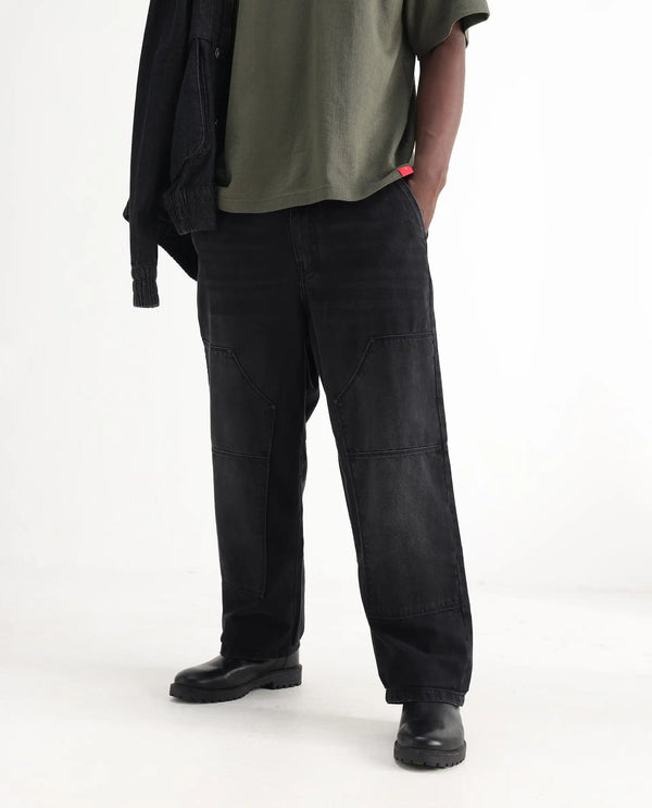 Rare Rabbit Men's Cruz Black Cotton Fabric Baggy Fit Plain Jeans