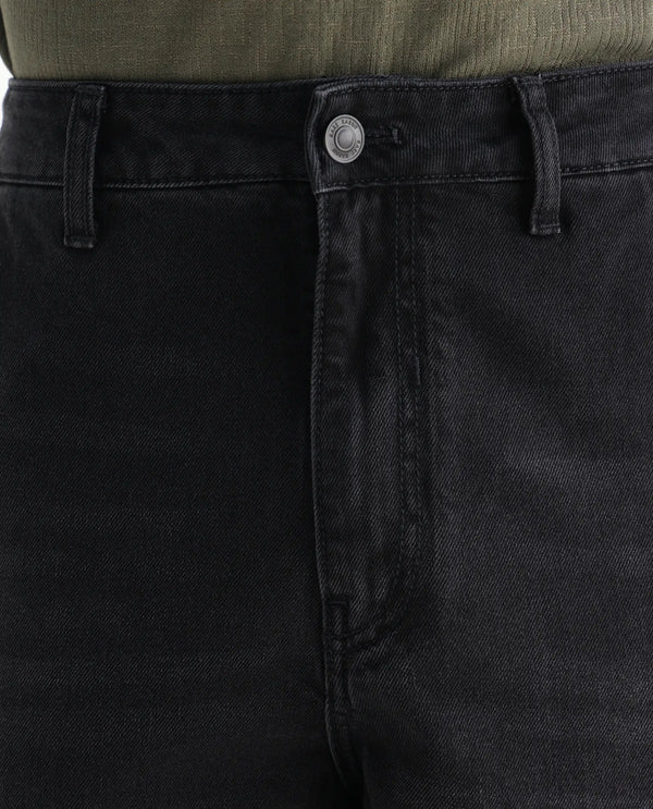 Rare Rabbit Men's Cruz Black Cotton Fabric Baggy Fit Plain Jeans