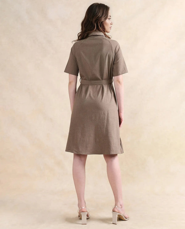 Rareism Women Crypty Dark Beige Regular Sleeves Collared Neck Button Closure A-Line Knee Length Plain Dress