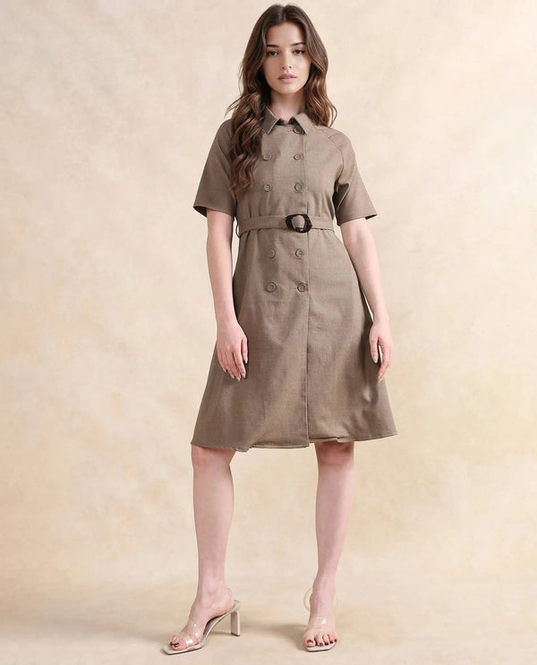 Rareism Women Crypty Dark Beige Regular Sleeves Collared Neck Button Closure A-Line Knee Length Plain Dress