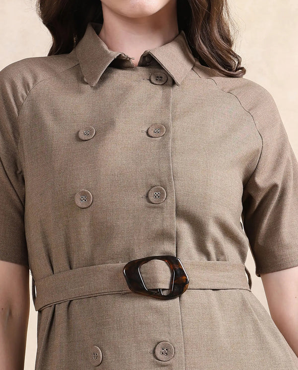 Rareism Women Crypty Dark Beige Regular Sleeves Collared Neck Button Closure A-Line Knee Length Plain Dress