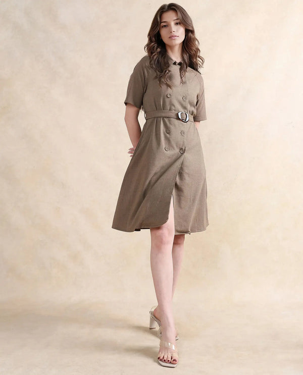 Rareism Women Crypty Dark Beige Regular Sleeves Collared Neck Button Closure A-Line Knee Length Plain Dress