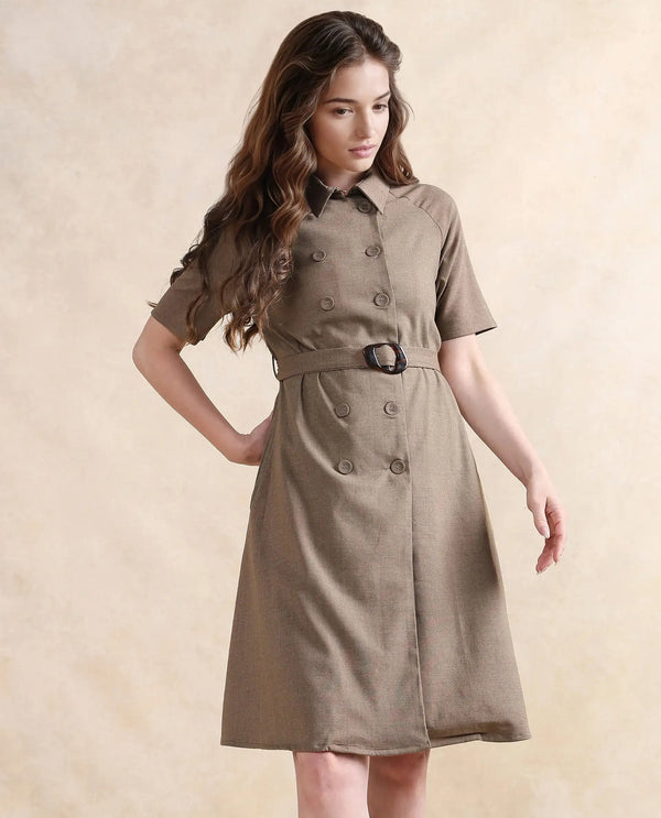 Rareism Women Crypty Dark Beige Regular Sleeves Collared Neck Button Closure A-Line Knee Length Plain Dress