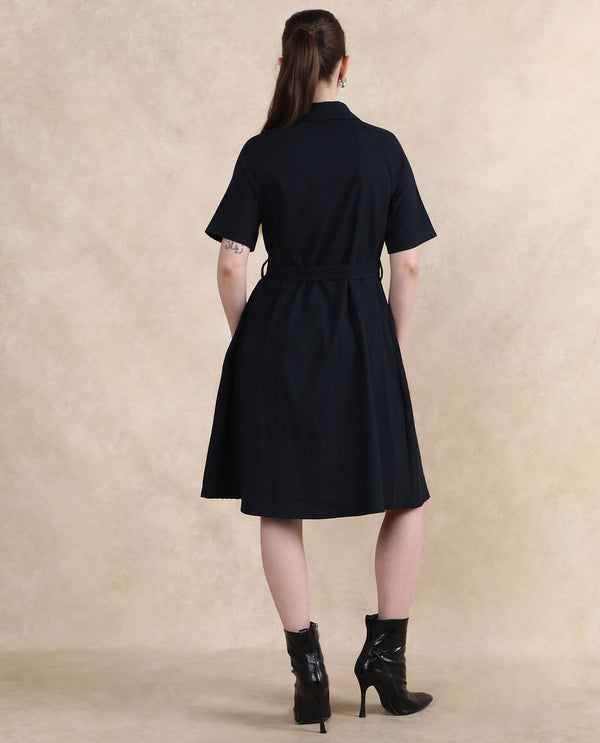 Rareism Women Crypty Navy Regular Sleeves Collared Neck Button Closure A-Line Knee Length Plain Dress