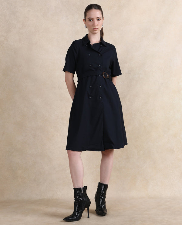 Rareism Women Crypty Navy Regular Sleeves Collared Neck Button Closure A-Line Knee Length Plain Dress